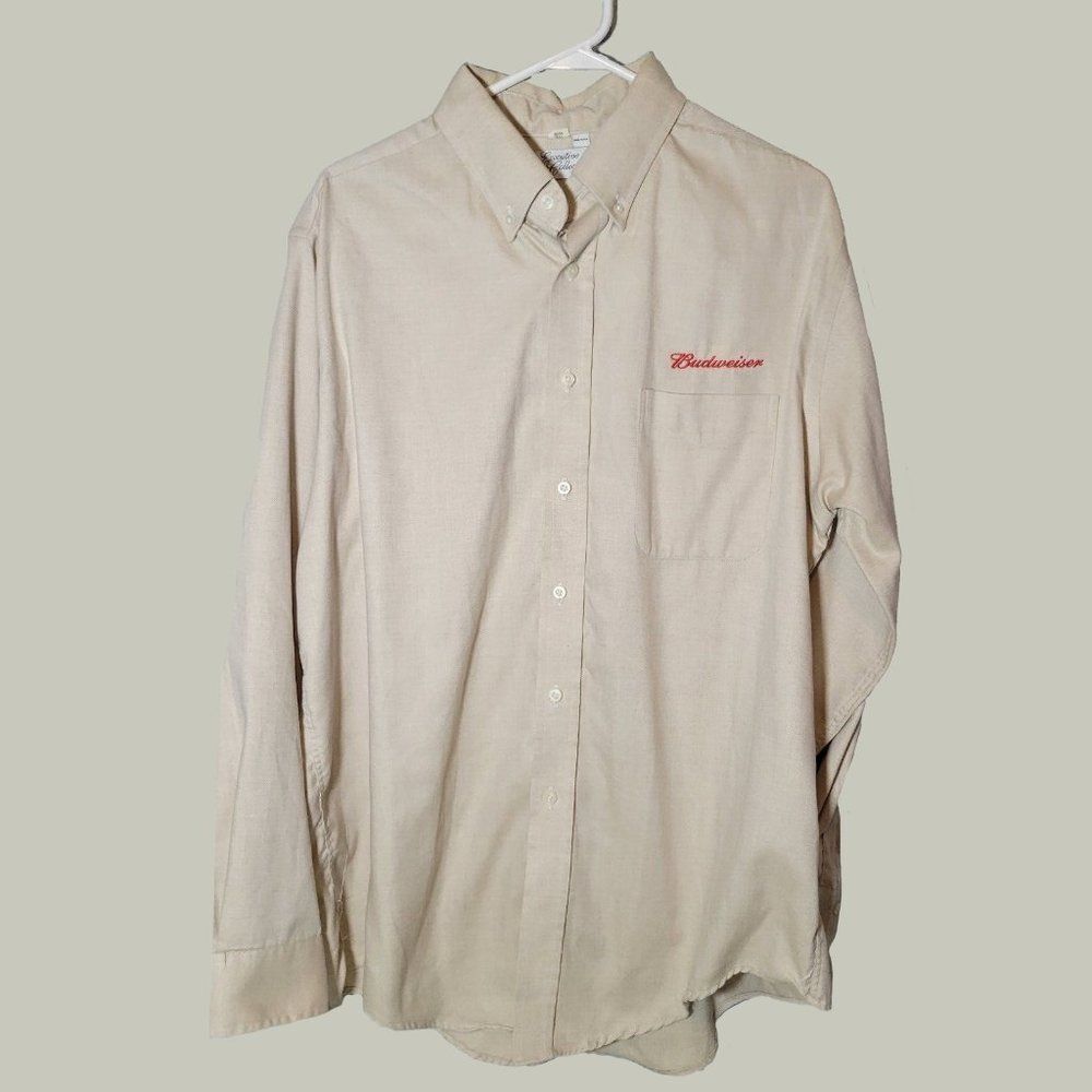 Budweiser Button Down Mens Shirt Tan Long Sleeve Size 17.5 34/35 Pocket